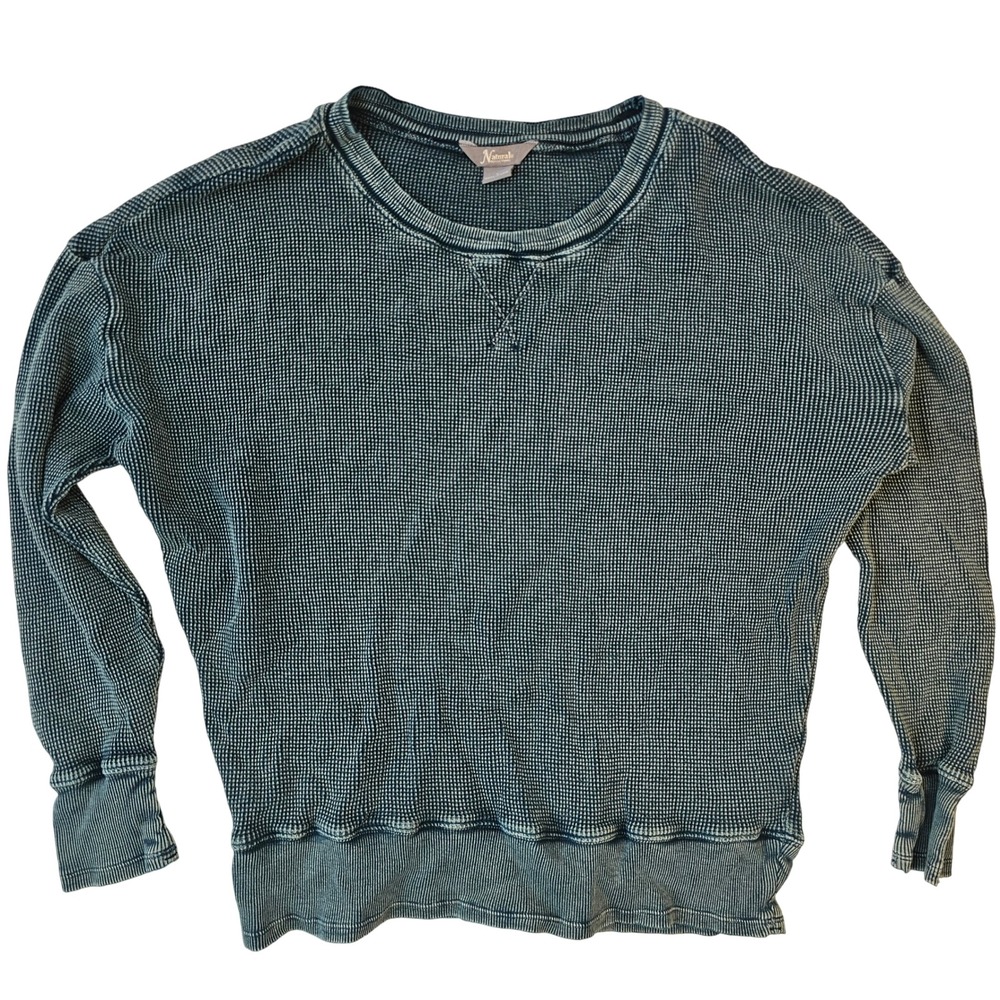 Natural Reflections Blue Waffle Knit Thermal Long Sleeve Top Large L Crewneck